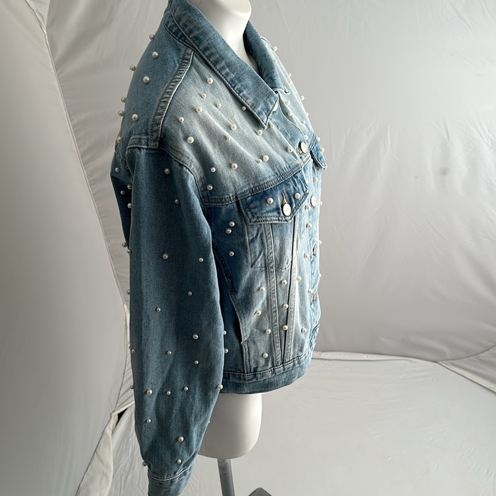 Superdown white pearl embellished light wash blue denim jacket - Picture 2 of 11